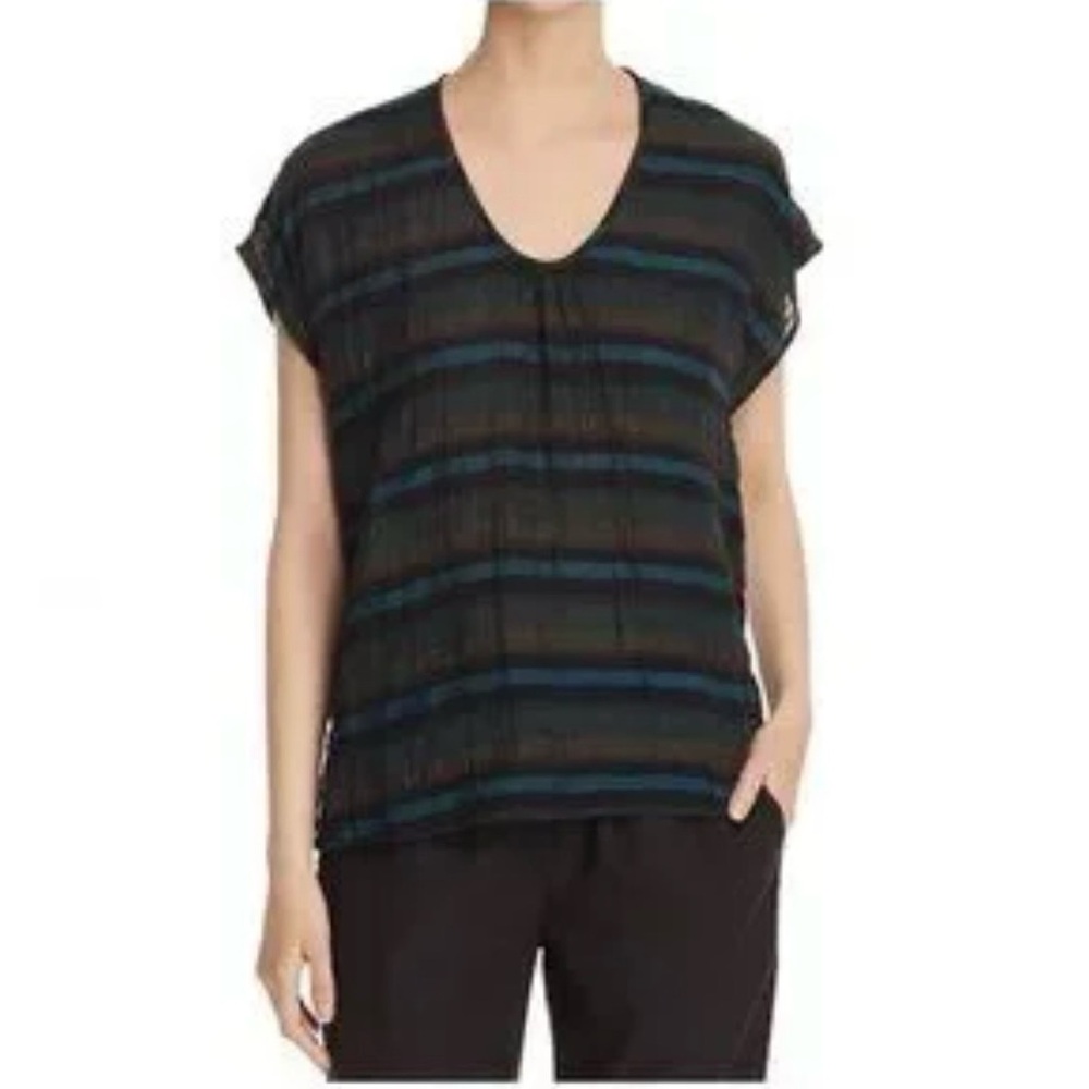 EILEEN FISHER Lagenlook Granola Girl Organic Cotton Black/Green Stripe V Top S/M